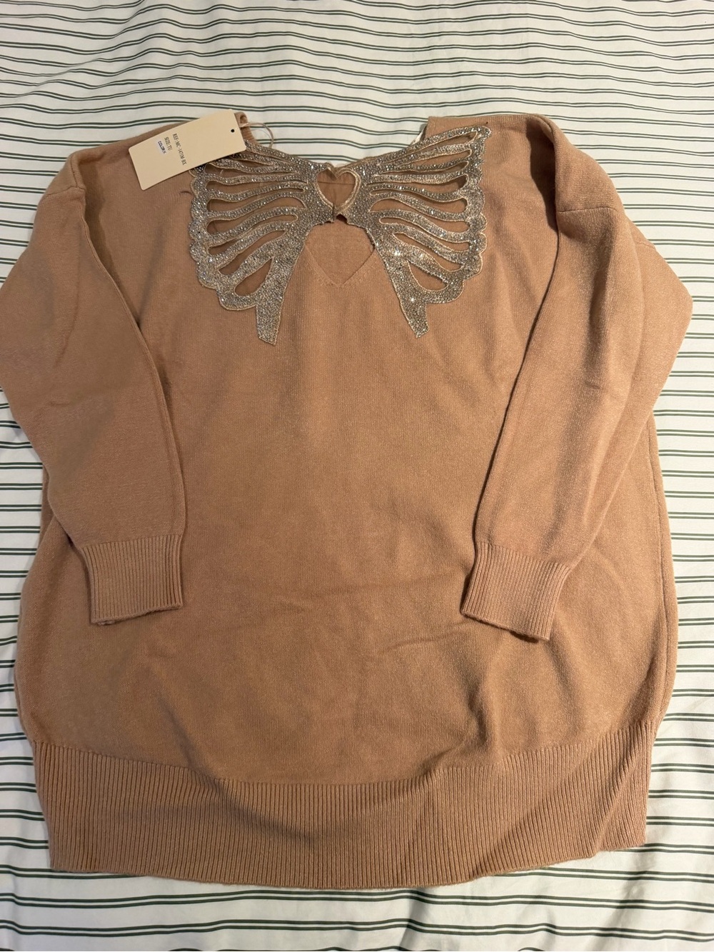 Enzoria Paris Rhinestone Bow Sweater Tan One Size NWT